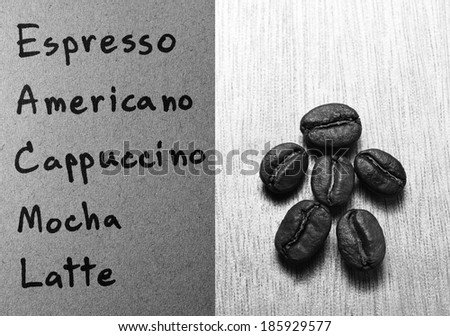 Coffee menu with Roasted Coffee Beans on wood texture, monotone color