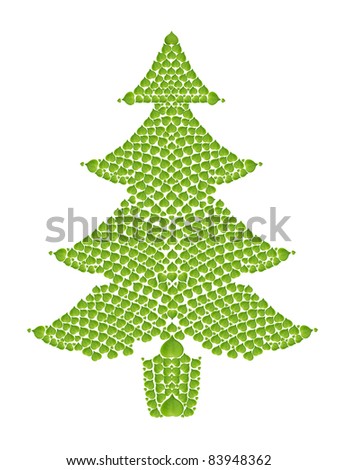 ecology concept with heart of green leaves in christmas tree, isolated on white background