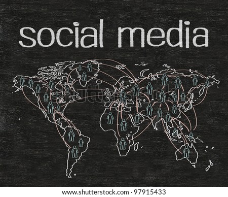 social media marketing written on blackboard background with world map