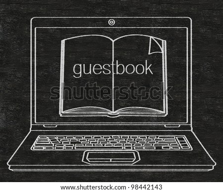 guest book with book and computer written on blackboard background high resolution