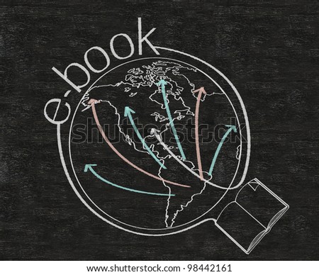 e book with world map written on blackboard background high resolution