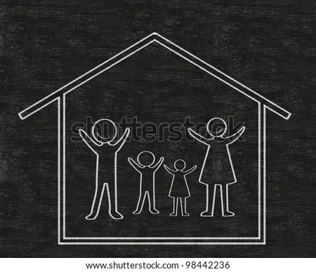 family with house written on blackboard background high resolution