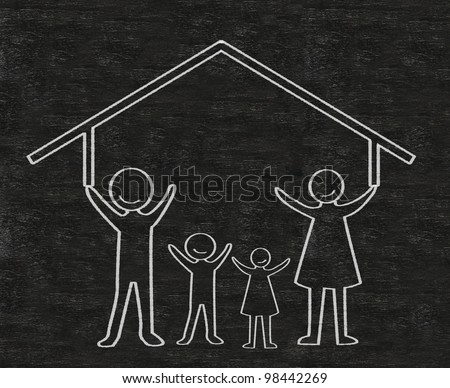 family with house written on blackboard background high resolution