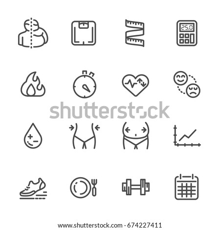 Measurement for obesity, its effects and lifestyle change for prevention. vector line icons