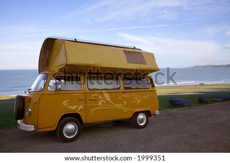 Classic camper van parked by the coast, North Devon, UK