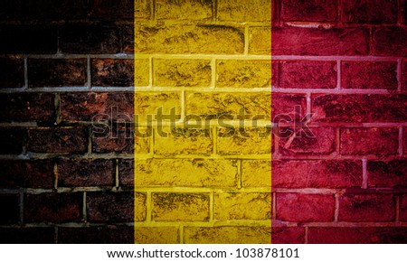 Collection of european flag on old brick wall texture background, Belgium