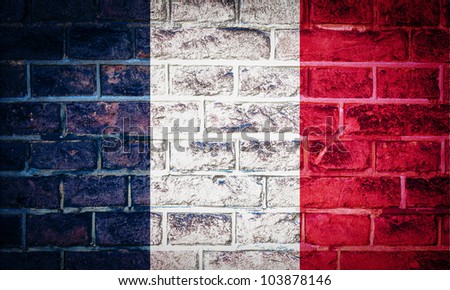Collection of european flag on old brick wall texture background, France