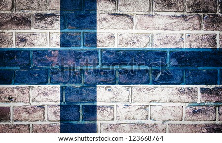 Collection of european flag on old brick wall texture background, Finland
