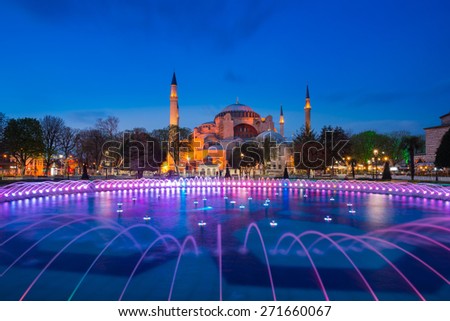 Twilight time scene of  Ayasofya or Hagia Sophia, a former Orthodox patriarchal basilica, later a mosque and now a museum in Istanbul, Turkey