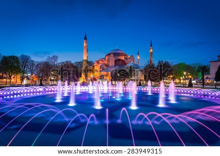 Twilight time scene of Ayasofya or Hagia Sophia, a former Orthodox patriarchal basilica, later a mosque and now a museum in Istanbul, Turkey