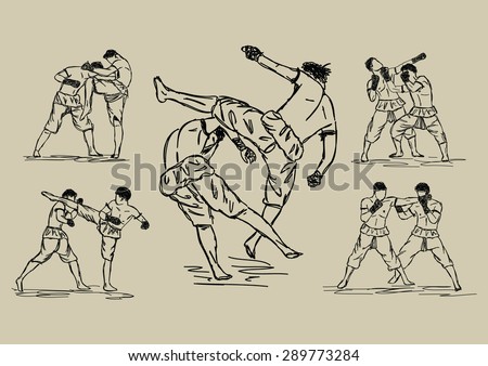 Free hand sketch Thai Boxing Collection : Muay Thai martial art popular around the world.