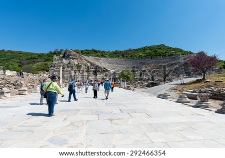 EPHESUS, TURKEY - APRIL 13 : A group of tourists in Ephesus Turkey on April 13, 2015. Ephesus contains the ancient largest collection of Roman ruins in the eastern Mediterranean.
