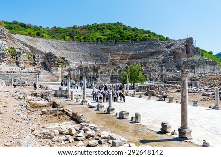 EPHESUS, TURKEY - APRIL 13 : A group of tourists in Ephesus Turkey on April 13, 2015. Ephesus contains the ancient largest collection of Roman ruins in the eastern Mediterranean.