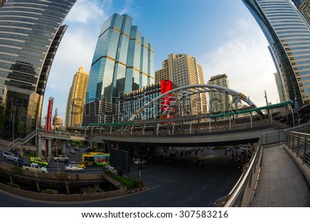 BANGKOK, THAILAND - July 07 : Public sky-walk at sky-train station \'Chong Nonsi\' in Bangkok downtown square on July 07, 2015. Bangkok, Thailand.