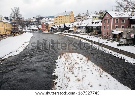 Cesky Krumlov city fortress tower view in Winter