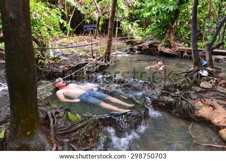 KRABI, THAILAND - JULY 9, 2015 Hot Spring Waterfall in Krabi,Thailand