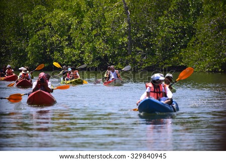 PHANG-NGA, THAILAND - OCTOBER 17:Tourists kayaking through Mangrove forest in Phang-nga, Thailand