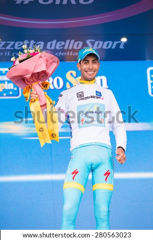 Abetone, Italy - may 13, 2015: Fabio Aru (Astana Pro Team)  celebrates on the podium of 5th stage of 