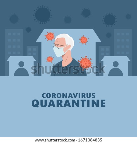 shelter in place. pandemic of coronavirus and social distancing. staying at home with self quarantine to stop outbreak and protect virus spread. older wearing medical mask and self isolation in home.