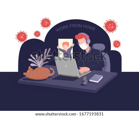 work online from home with kid and pet during the coronavirus outbreak and social distancing alert. stay at home to avoid virus infection. businessman works remotely with wearing a medical face mask.