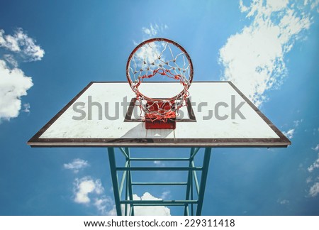 under the basketball ring and blue sky background
