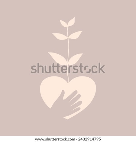 Nature care. Awareness of environmental conservation. Growing plant in hand with love. Leaf with heart symbol.