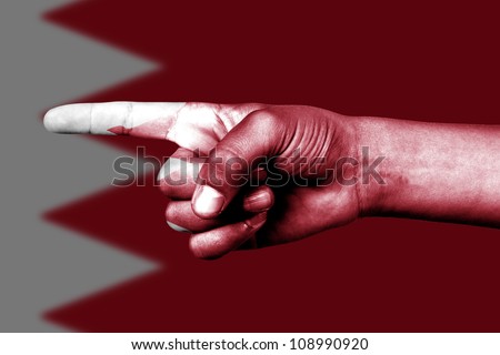 Human hand point with finger in Bahrain national flag