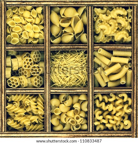 different kinds of italian pasta in wooden box catalog. vintage style image