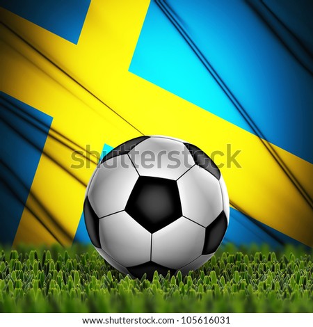 Soccer ball on grass against National Flag. Country Sweden