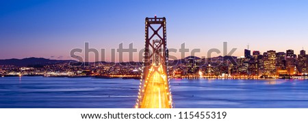 Panorama of Bay Bridge at sunset. San Francisco, USA.