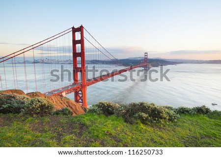 Golden Gate Bridge in clear blue sky with green grass as foreground. San Francisco, USA.