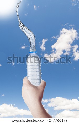 Water Bottle In Hand With Water Splash and Cloudy Sky Background