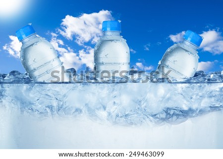 Cold Water Bottle In Ice Bucket with Ice Cubes