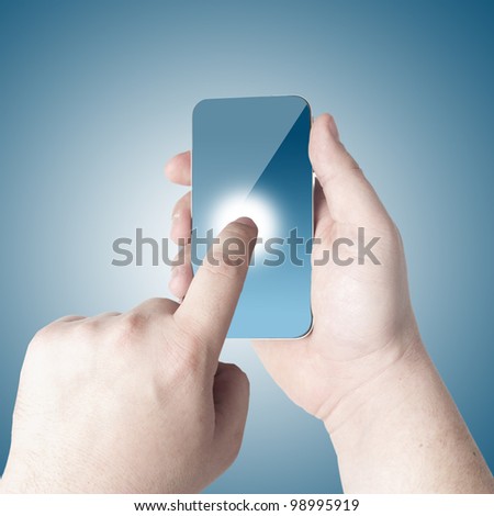 Hands holding and point on touch screen mobile phone with 3D globe icon coming from the screen on blue background