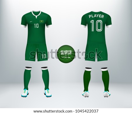 3D realistic of font and back of Saudi Arabia soccer jersey shirt with pants and Saudi badge logo. Concept for national soccer team uniform or football apparel mockup template in vector illustration. Stock fotó © 