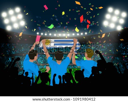 group of supporter hold Uruguay flag among silhouette audience in soccer stadium in vector illustration. concept for football result template use in web or mobile phone application