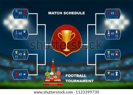 Last 16 soccer teams match table schedule with trophy cup and Russian landmark on football stadium background. Concept for football match result for nation tournament in vector illustration