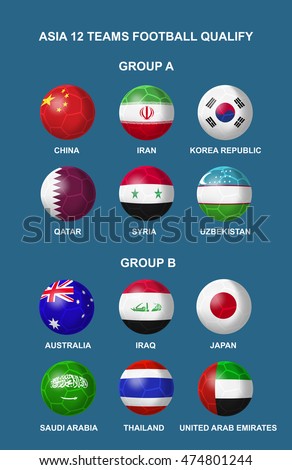 12 teams Asian football nation in qualify round. The design in flag icon in vector illustration. EPS10 