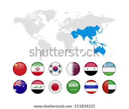 12 teams of Asian football nation in qualify round. The design in badge icon with world map highlighted in Asia continental. vector illustration EPS10 