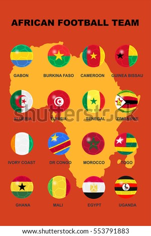 Flag of African football team in soccer design on Africa map background in vector illustration. Concept design for sport template