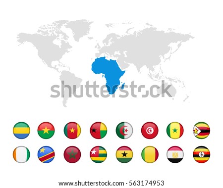 16 teams of African football nation. The design in badge icon with world map highlight in Africa continental background. Concept for soccer team icon in vector illustration