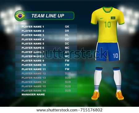 Brazil soccer jersey kit with team line up board on soccer stadium and crowd fan with spot light backdrop on night time. Concept for south America result background in vector illustrative