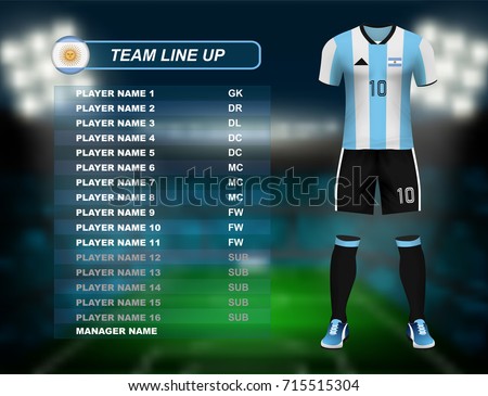 Argentina soccer jersey kit with team line up board on soccer stadium and crowd fan with spot light backdrop on night time. Concept for south America result background in vector illustrative