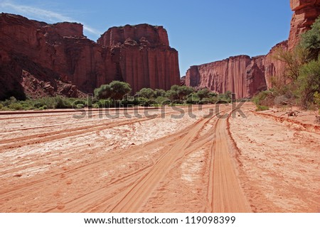Dry riverbed and steep sandstone cliffs in the Talampaya National Park, La Rioja, Argentina