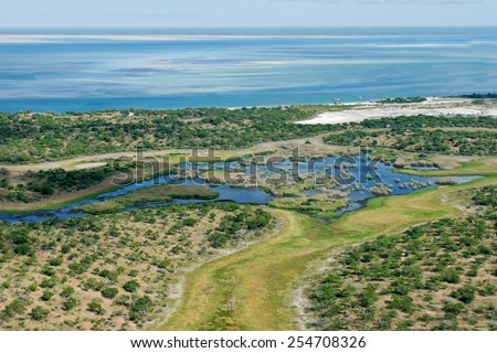 Aerial view of shallow coastal waters and forests of the tropical coast of Mozambique
