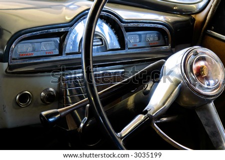 View of the interior of an old vintage car