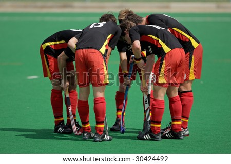 BLOEMFONTEIN, SOUTH AFRICA - MARCH 14: German players at an international men\'s field hockey game between Germany and South Africa March 14, 2009 in Bloemfontein. Germany won 4-3.
