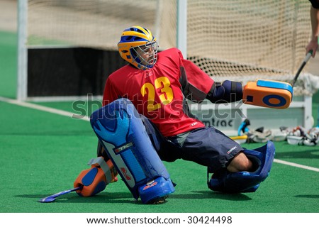 BLOEMFONTEIN, SOUTH AFRICA - MARCH 14: A goalkeeper in action during an international men\'s field hockey game between Germany and South Africa March 14, 2009 in Bloemfontein. Germany won 4-3.