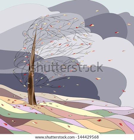 Autumn landscape with tree and falling leaves