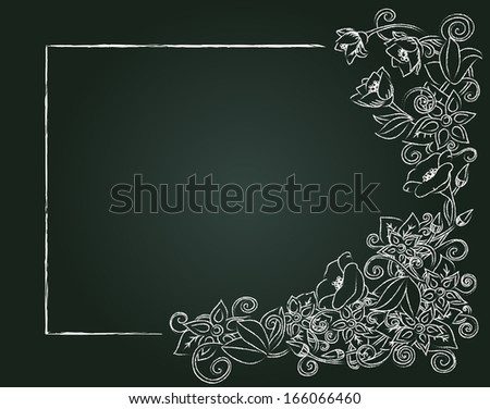 floral card, hand drawn chalk flowers and leaves on the dark background. Horizontal format (vertical format in my portfolio).